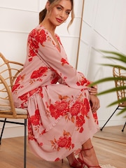 Chi Chi London Pink Chi Chi London Long Sleeve Floral Printed Midi Summer Dress - Image 4 of 5