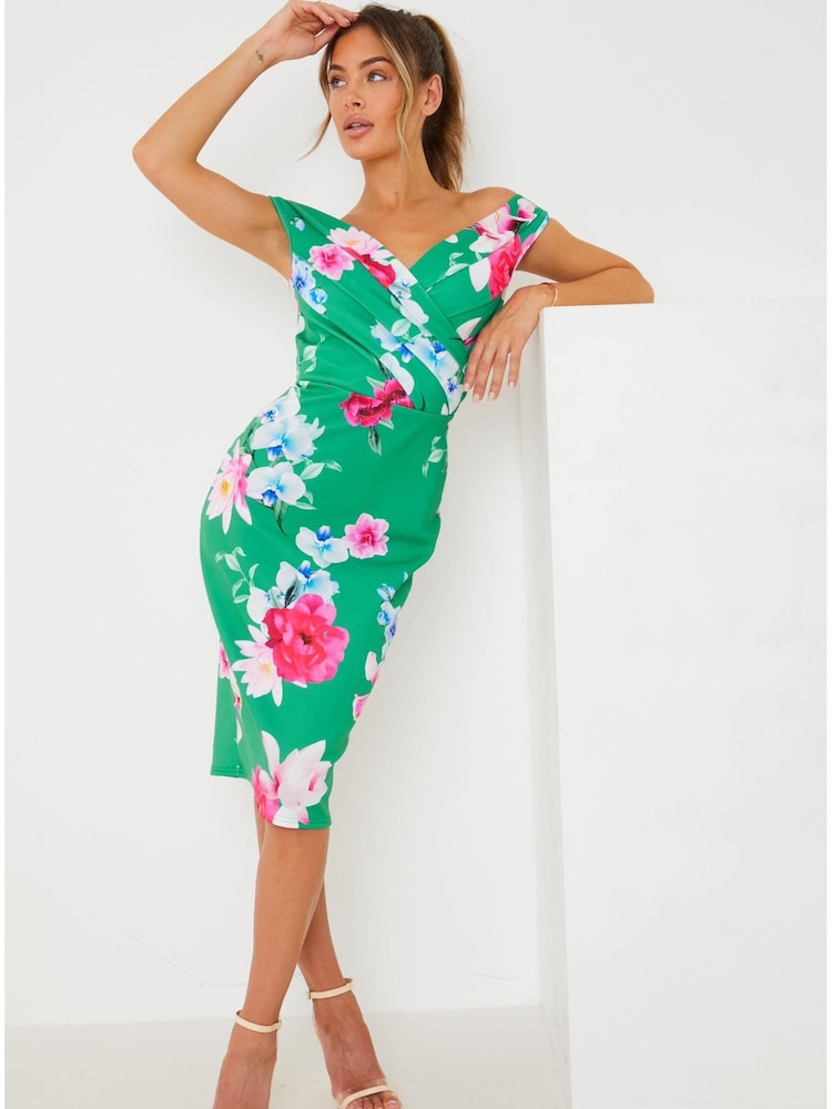 Sistaglam Bright Green Floral Bardot Midi Dress - Image 1 of 5 Sistaglam Bright Green Floral Bardot Midi Dress - Image 1 of 5