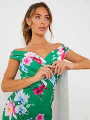 Svetlo zelena s cvetlicami - Srednje dolga obleka Bardot potiskom sistaglam - Slika 4 iz 5
