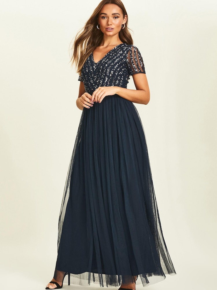 Bleu marine/bleu - Robe longue Maya à sequins et chevrons - Image 3 of 4