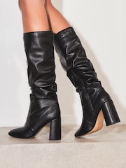 Lipsy Black Wide Fit Block Mid Heel Ruched Knee High Boot - Image 2 of 4