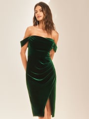 Lipsy Green Velvet Drape Bardot Split Dress - Image 1 of 4