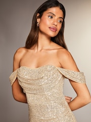 Lipsy Gold Petite Sequin Bardot Split Drape Maxi Dress - Image 3 of 4