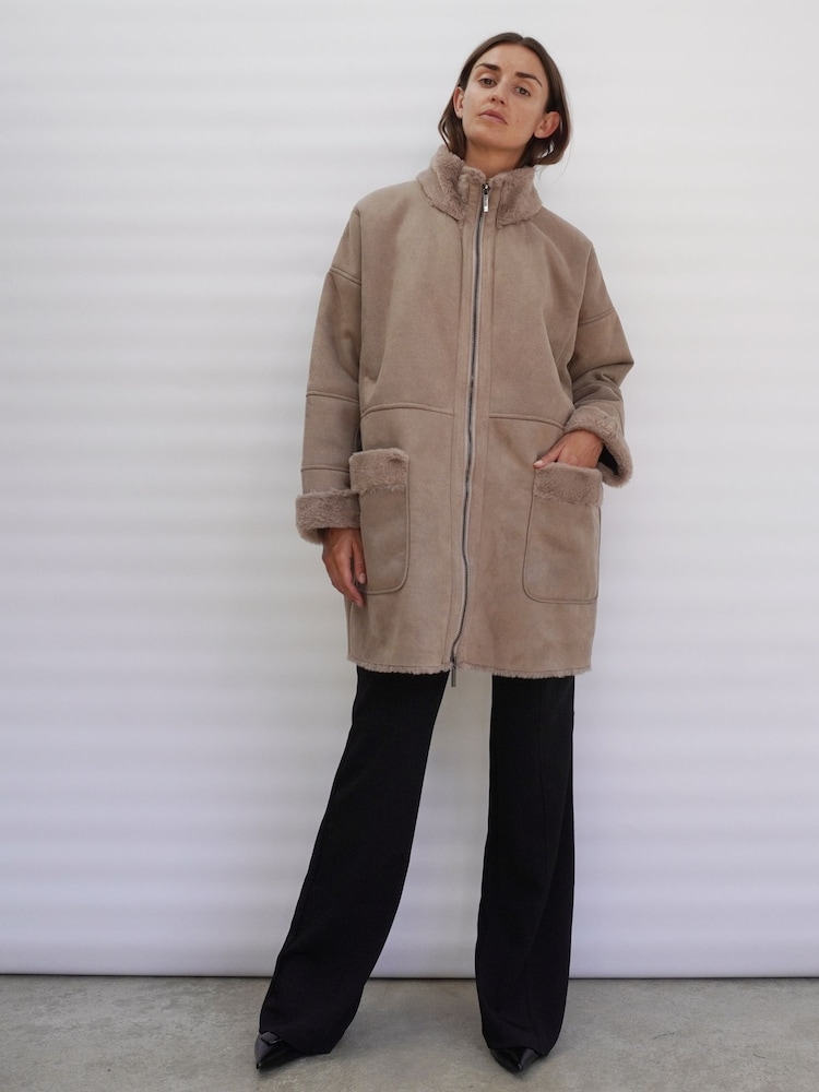 Religion Brown Faux Sheepskin Radiant Zip Coat With Patch Pockets - Image 2 of 5 Religion Brown Faux Sheepskin Radiant Zip Coat With Patch Pockets - Image 2 of 5