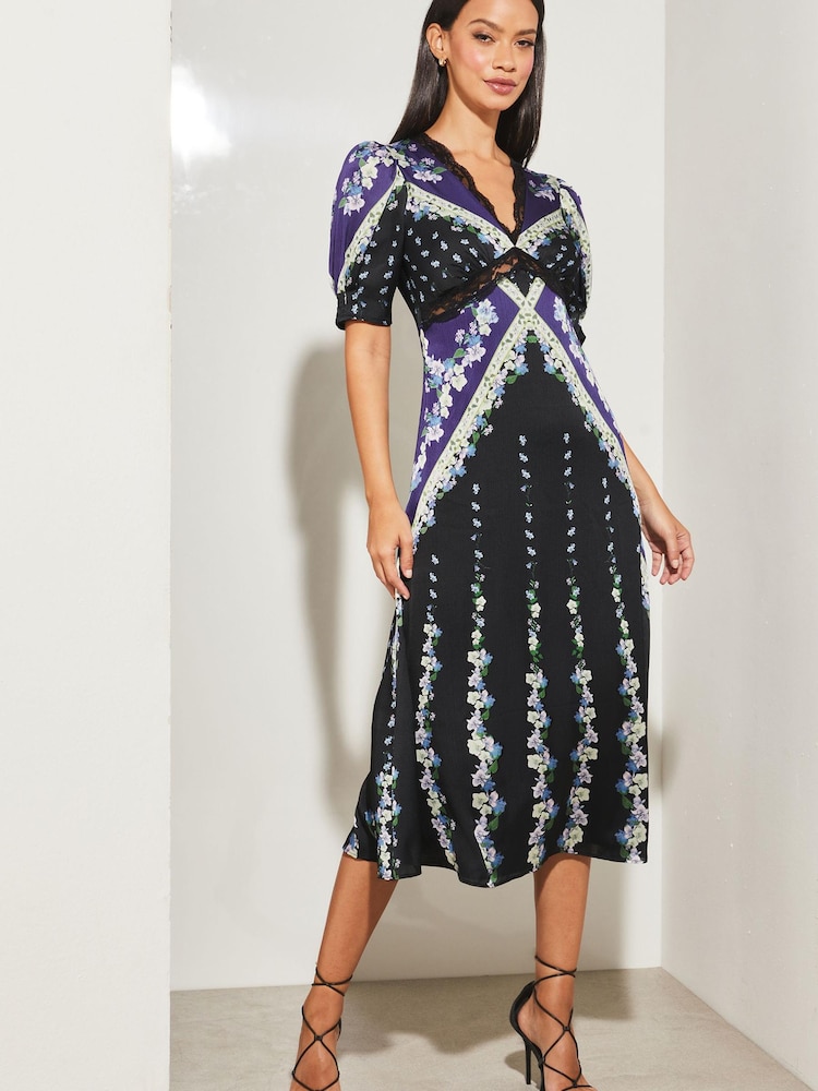 Lipsy Blue Print V Neck Short Puff Sleeve Lace Midi Dress - Image 1 of 4