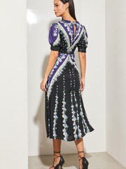 Lipsy Blue Print V Neck Short Puff Sleeve Lace Midi Dress - Image 2 of 4