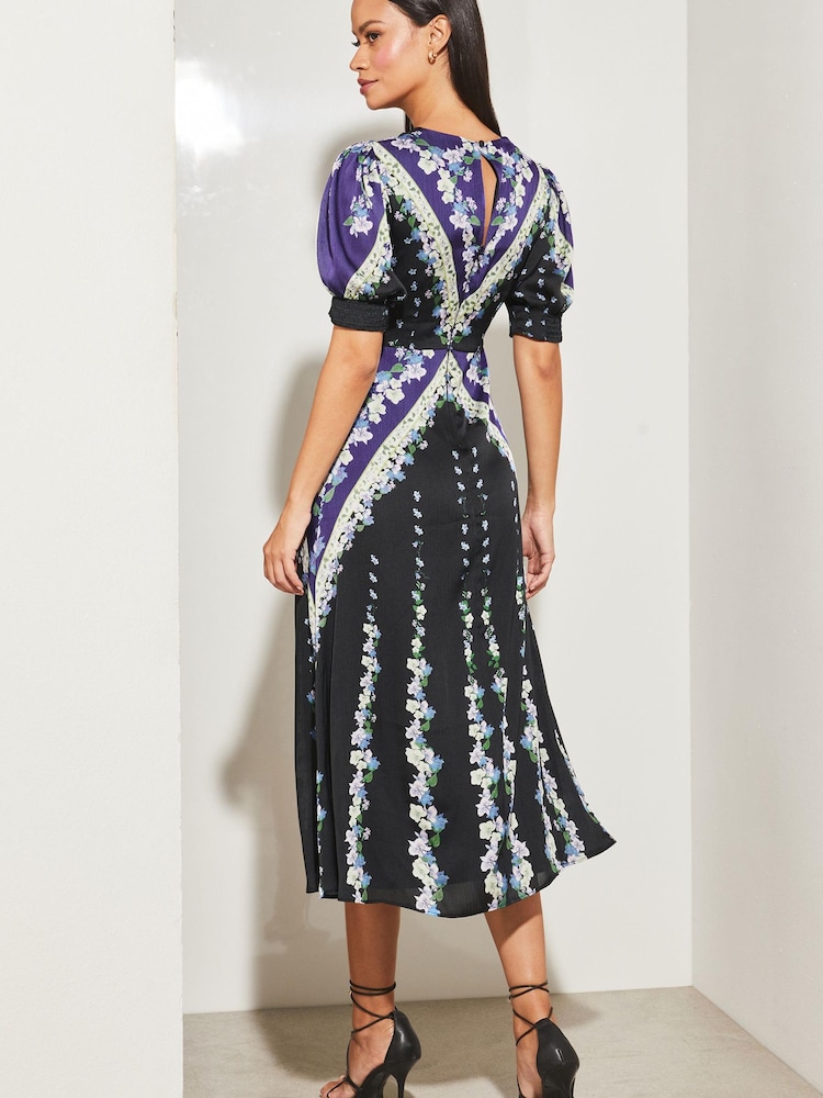 Lipsy Blue Print V Neck Short Puff Sleeve Lace Midi Dress - Image 2 of 4