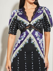 Lipsy Blue Print V Neck Short Puff Sleeve Lace Midi Dress - Image 4 of 4