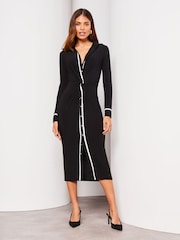 Lipsy Monochrome Jersey Long Sleeve Knot Front Shirt Dress - Image 1 of 4