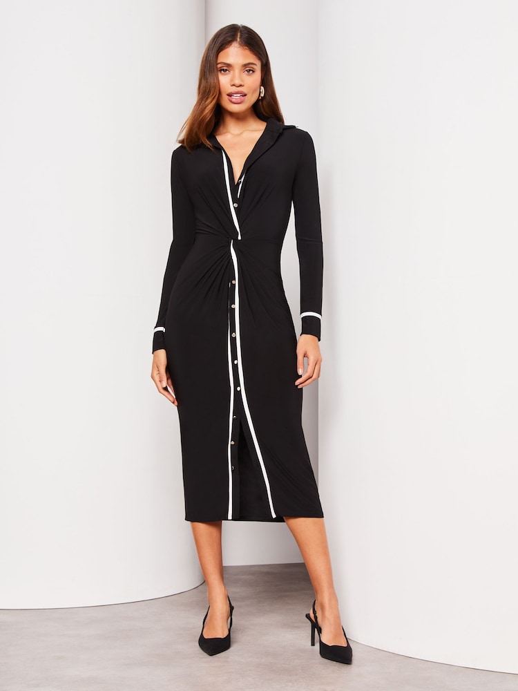 Lipsy Monochrome Jersey Long Sleeve Knot Front Shirt Dress - Image 1 of 4