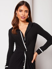 Lipsy Monochrome Jersey Long Sleeve Knot Front Shirt Dress - Image 4 of 4