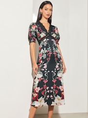 Lipsy Red Print V Neck Short Puff Sleeve Lace Midi Dress - Image 1 of 4
