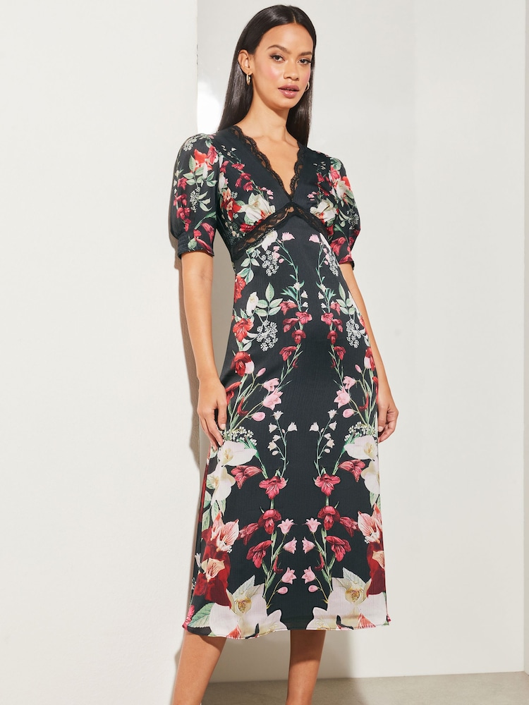 Lipsy Red Print V Neck Short Puff Sleeve Lace Midi Dress - Image 1 of 4