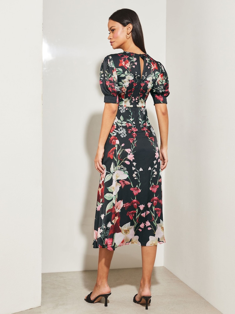 Lipsy Red Print V Neck Short Puff Sleeve Lace Midi Dress - Image 2 of 4