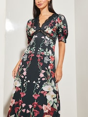 Lipsy Red Print V Neck Short Puff Sleeve Lace Midi Dress - Image 3 of 4