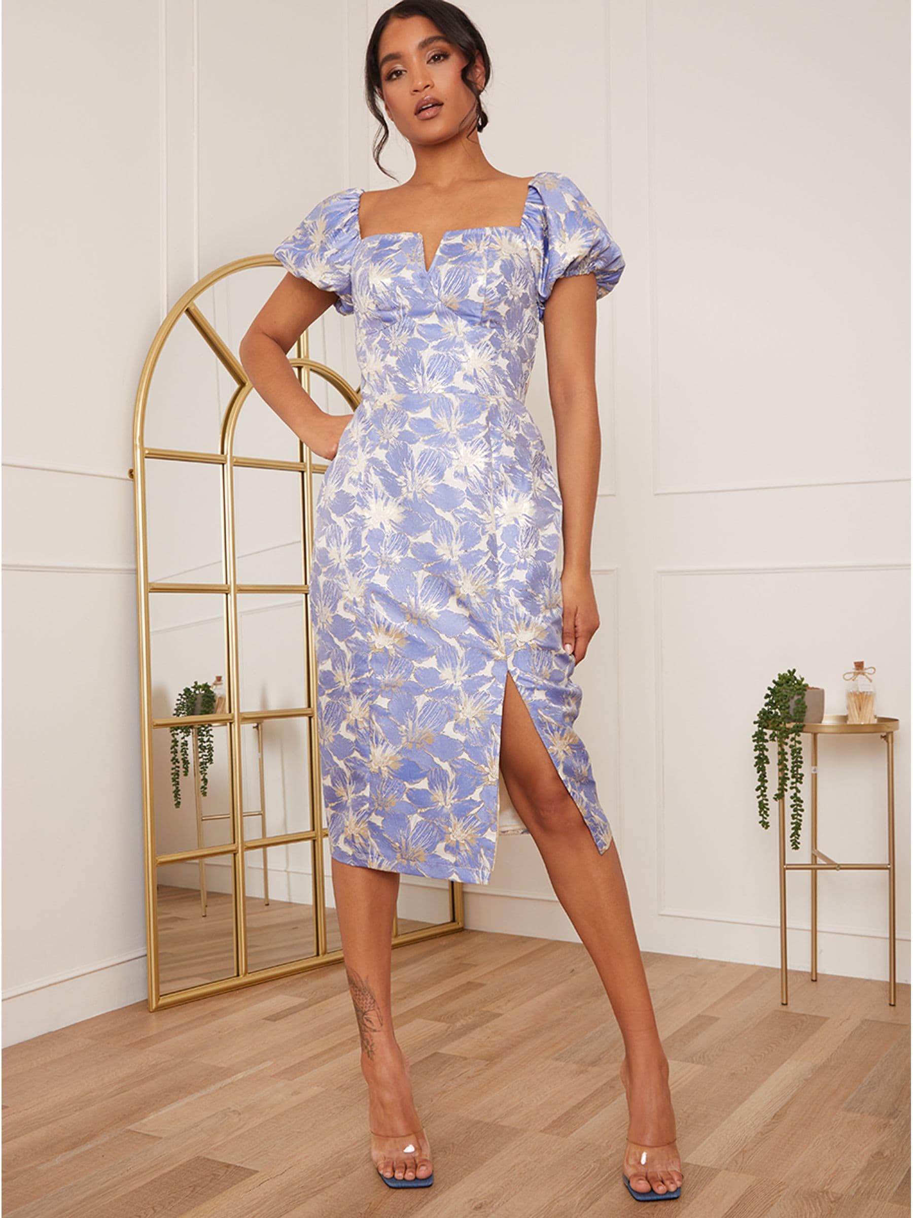 knee length dresses for ladies Chi Chi Floral Jacquard Bodycon Mini Dress in Purple, Size 12