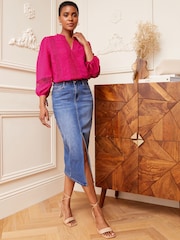 Love & Roses Pink Petite Ruffle Neck Lace Trim Tie Cuff 3/4 Sleeve Dobby Spot Blouse - Image 4 of 4