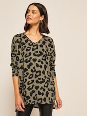 Friends Like These Khaki Green Leopard Animal Soft Jersey V Neck Long Sleeve Tunic Top - Image 1 of 4