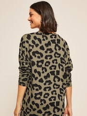 Friends Like These Khaki Green Leopard Animal Soft Jersey V Neck Long Sleeve Tunic Top - Image 2 of 4