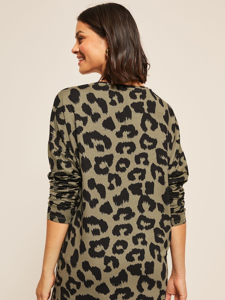 Friends Like These Khaki Green Leopard Animal Soft Jersey V Neck Long Sleeve Tunic Top - Image 2 of 4