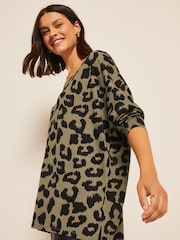 Friends Like These Khaki Green Leopard Animal Soft Jersey V Neck Long Sleeve Tunic Top - Image 4 of 4