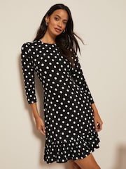 Friends Like These Black/White Spot Fit And Flare Round Neck 3/4 Sleeve Dress - Image 1 of 4