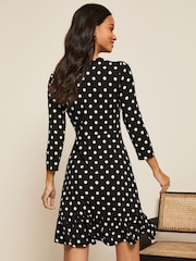 Friends Like These Black/White Spot Fit And Flare Round Neck 3/4 Sleeve Dress - Image 2 of 4
