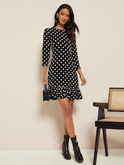 Friends Like These Black/White Spot Fit And Flare Round Neck 3/4 Sleeve Dress - Image 3 of 4