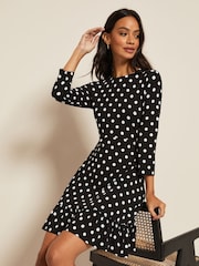 Friends Like These Black/White Spot Fit And Flare Round Neck 3/4 Sleeve Dress - Image 4 of 4