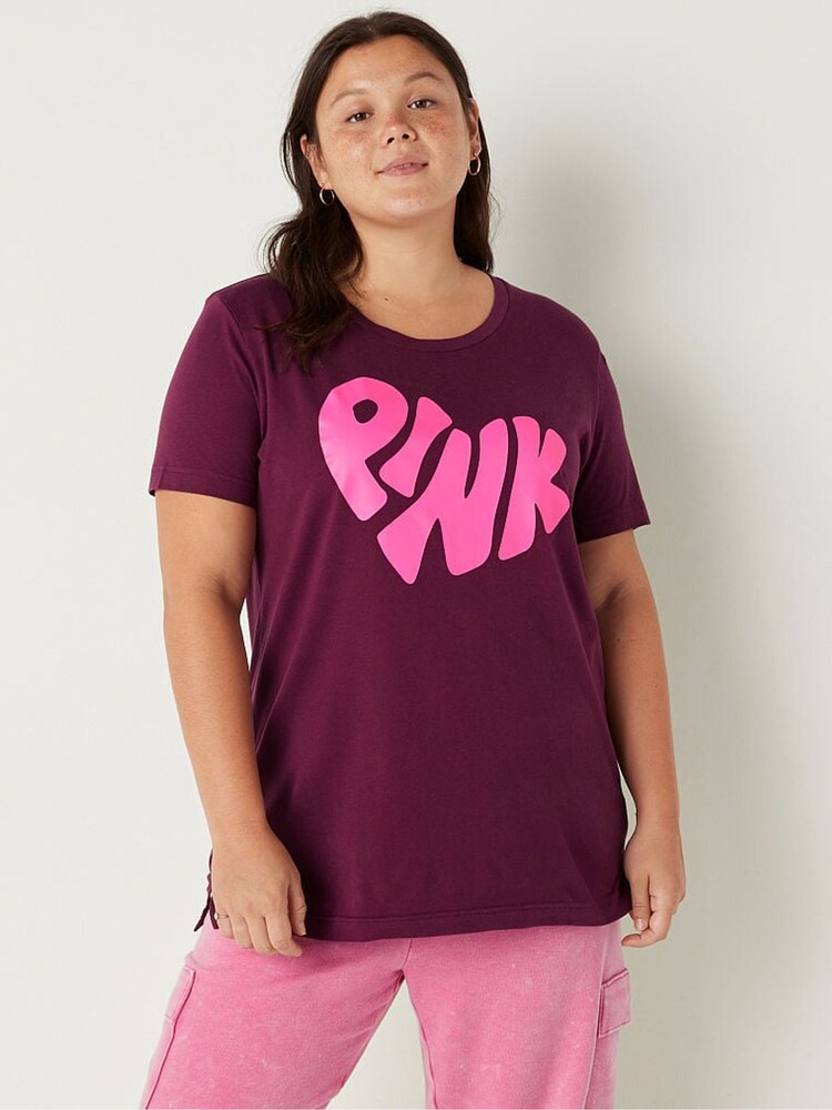 Victoria's Secret PINK Rich Maroon Pink Graphic Cotton Short Sleeve Campus T-Shirt - Image 1 of 4 Victoria's Secret PINK Rich Maroon Pink Graphic Cotton Short Sleeve Campus T-Shirt - Image 1 of 4