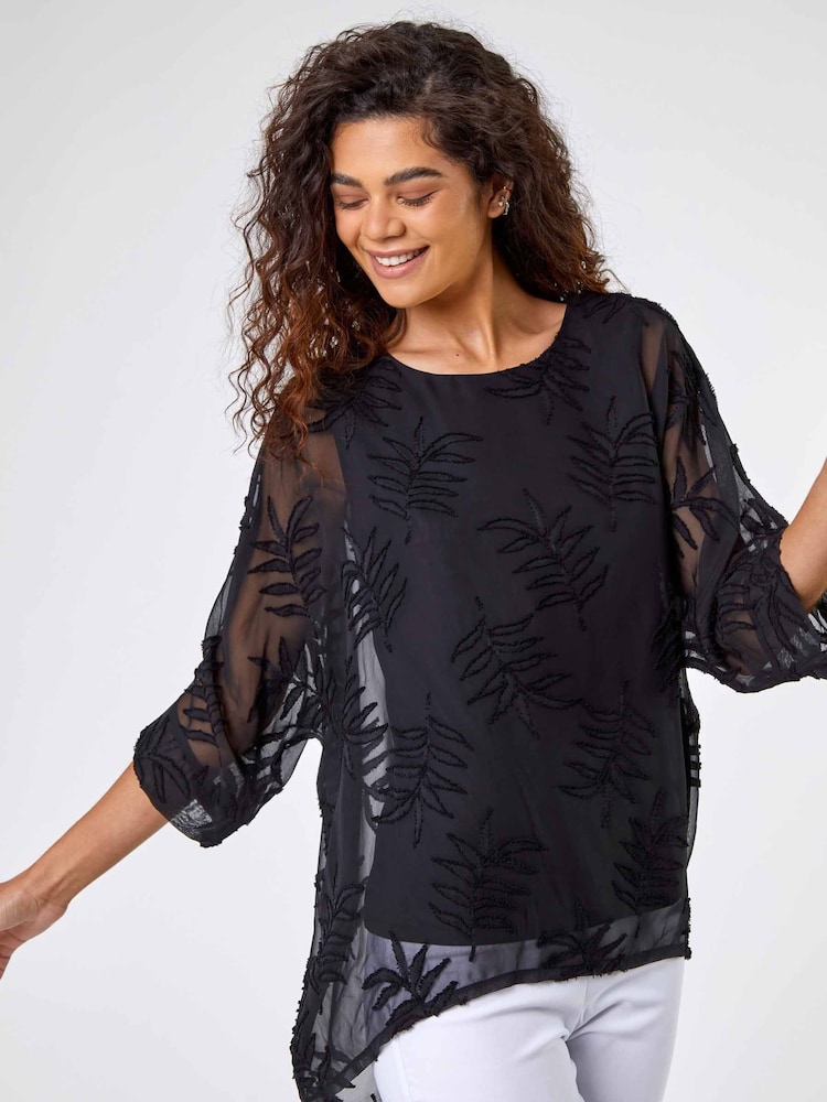 Roman Black Leaf Burnout Print Overlay Top - Image 1 of 5 Roman Black Leaf Burnout Print Overlay Top - Image 1 of 5
