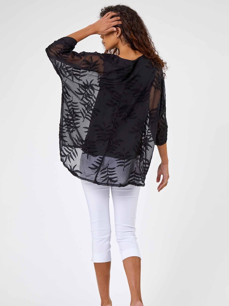 Roman Black Leaf Burnout Print Overlay Top - Image 2 of 5 Roman Black Leaf Burnout Print Overlay Top - Image 2 of 5