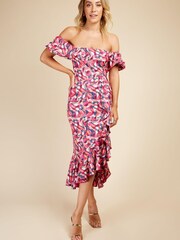 Little Mistress Pink Multi Brushstroke Print Bardot Midi Dress - Image 1 of 4