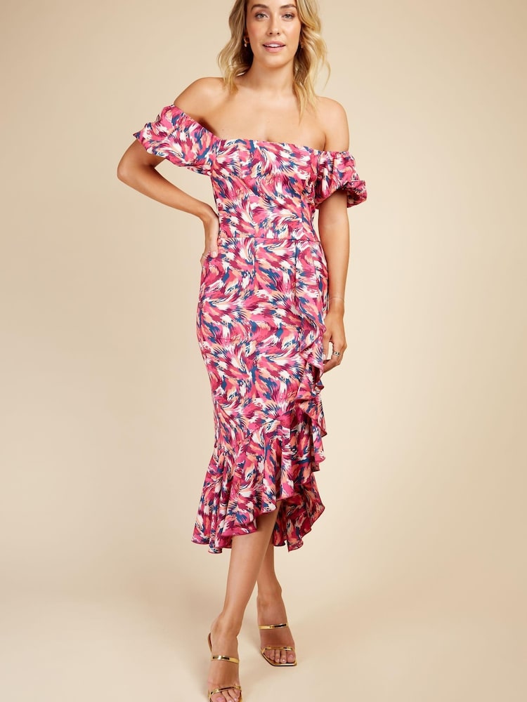 Little Mistress Pink Multi Brushstroke Print Bardot Midi Dress - Image 1 of 4