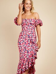 Little Mistress Pink Multi Brushstroke Print Bardot Midi Dress - Image 2 of 4