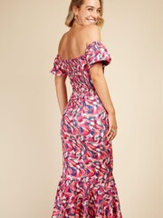 Little Mistress Pink Multi Brushstroke Print Bardot Midi Dress - Image 4 of 4