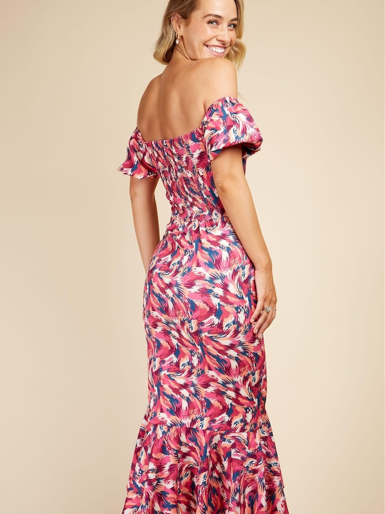 Little Mistress Pink Multi Brushstroke Print Bardot Midi Dress - Image 4 of 4