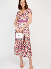 Little Mistress Pink & White Multi Floral Pleated Midi Dress - Image 1 of 4