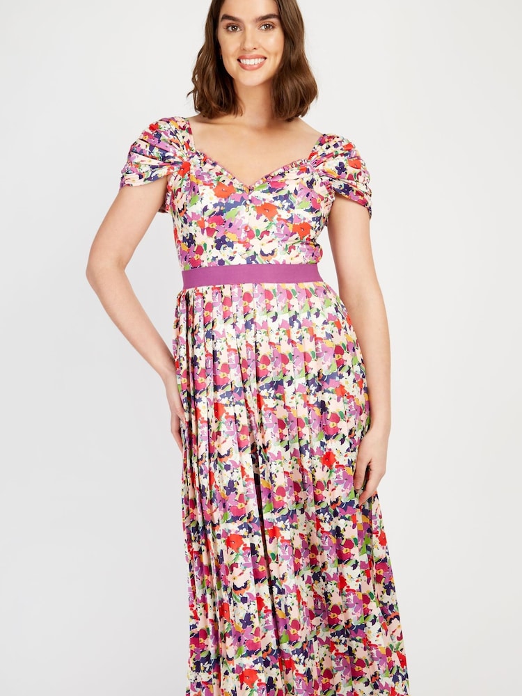Little Mistress Pink & White Multi Floral Pleated Midi Dress - Image 2 of 4