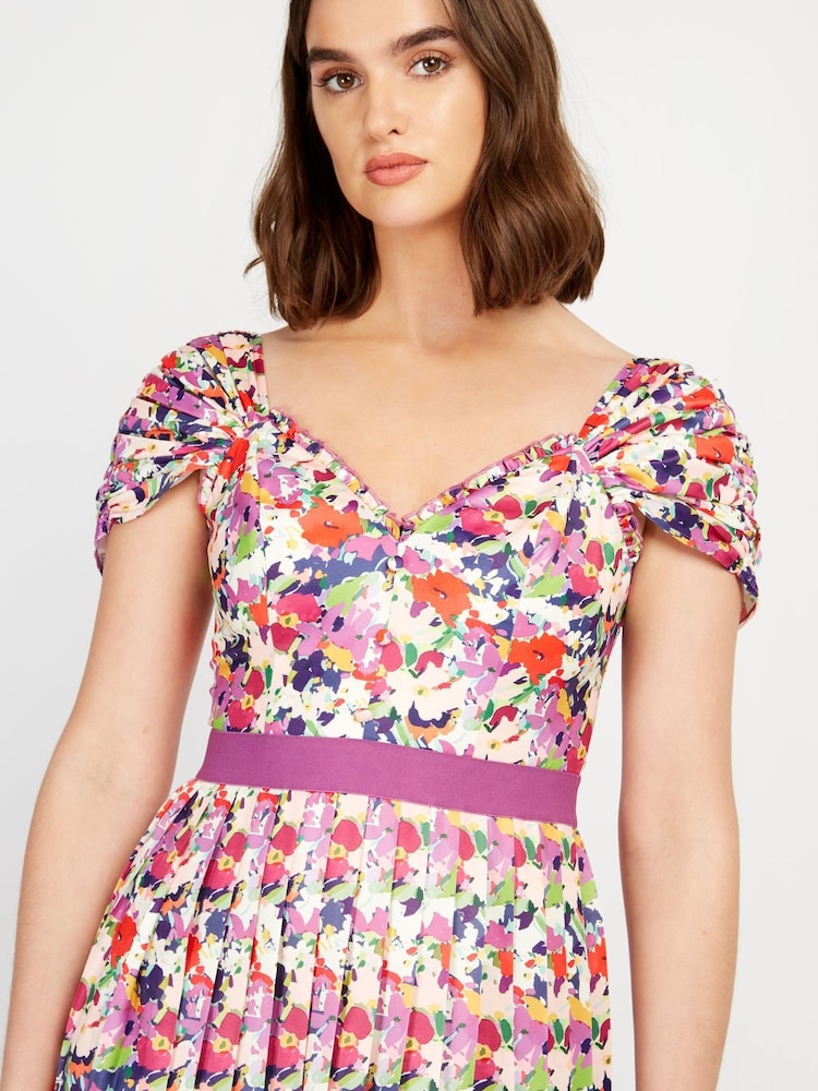 Little Mistress Pink & White Multi Floral Pleated Midi Dress - Image 4 of 4