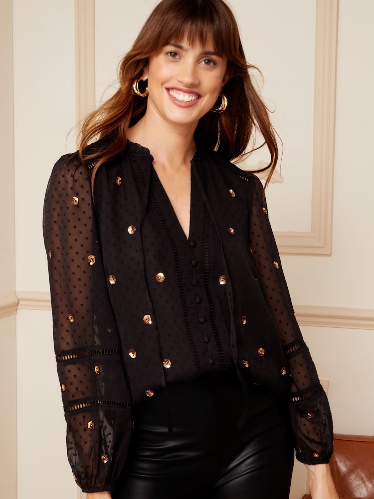 Love & Roses Black Embellished Ruffle Neck Lace Trim Long Sleeve Button Through Blouse - Image 1 of 4 Love & Roses Black Embellished Ruffle Neck Lace Trim Long Sleeve Button Through Blouse - Image 1 of 4
