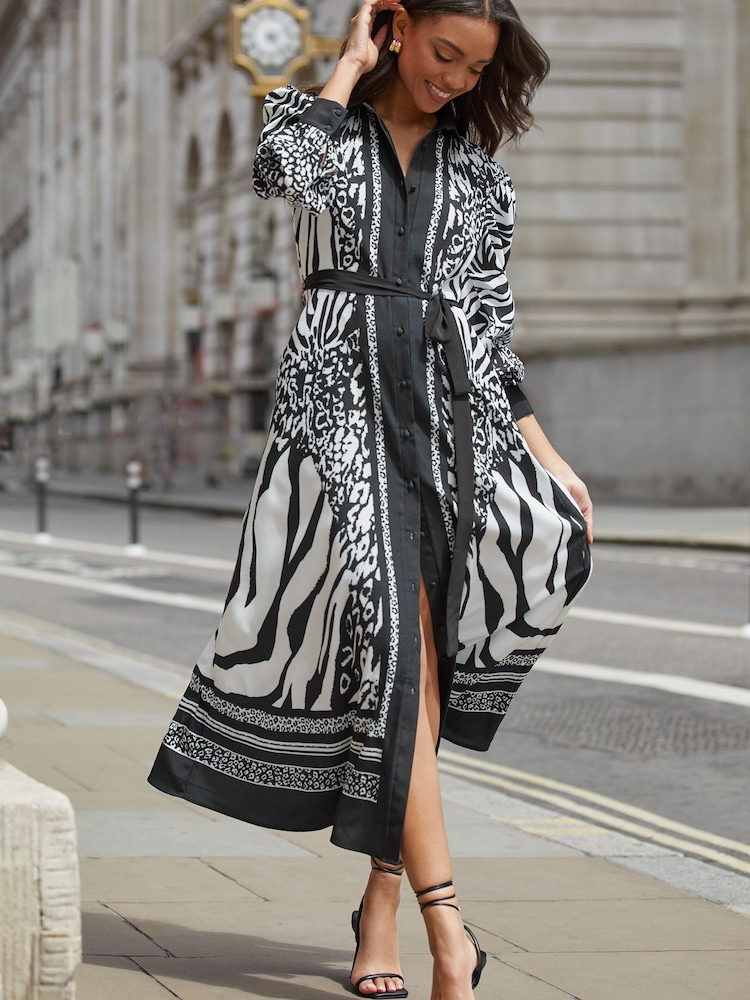 Lipsy Black / White Belted Long Sleeve Sleeve Maxi Shirt Dress - Image 1 of 4