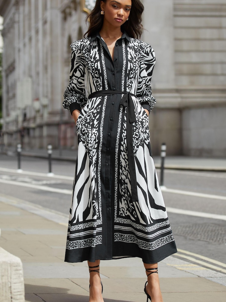 Lipsy Black / White Belted Long Sleeve Sleeve Maxi Shirt Dress - Image 2 of 4