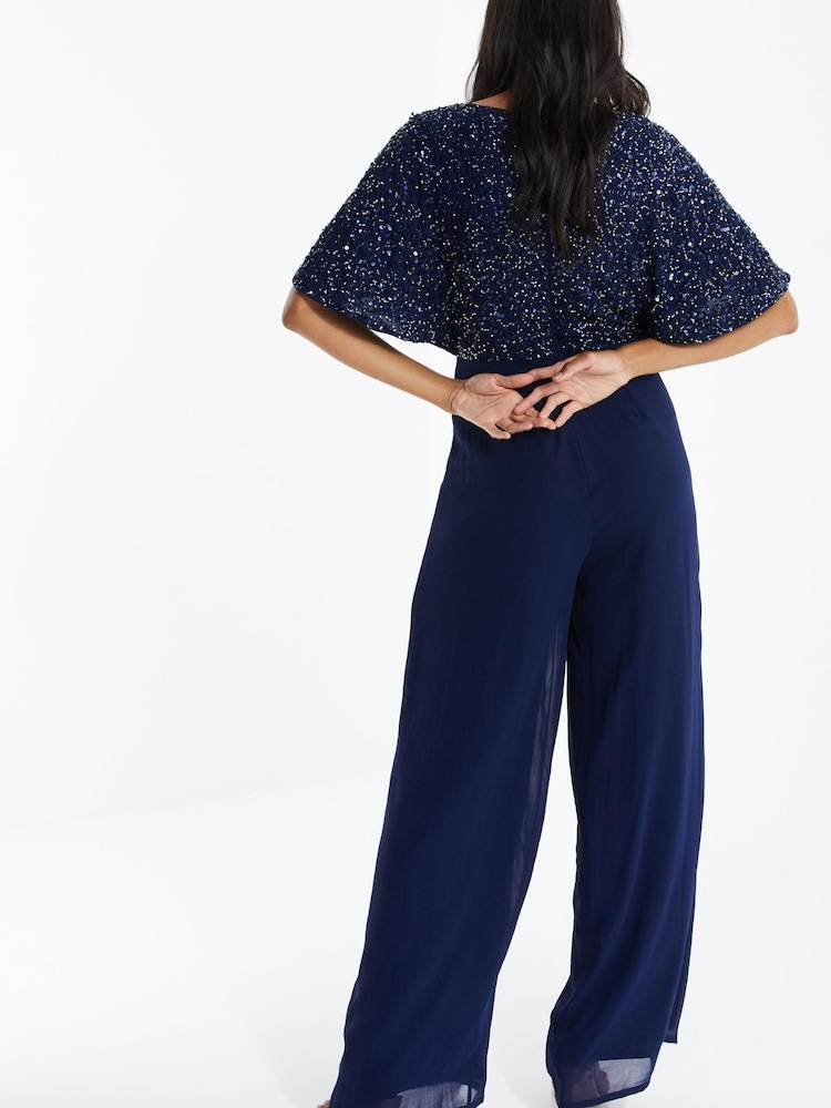 Buy Quiz Blue Sequin Wrap Batwing Jumpsuit from the Next UK online