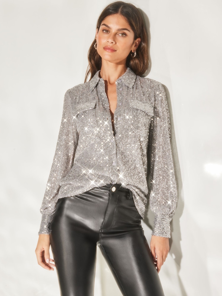 Lipsy Silver Sequin Front Pocket Button Through Shirt - Image 1 of 4 Lipsy Silver Sequin Front Pocket Button Through Shirt - Image 1 of 4