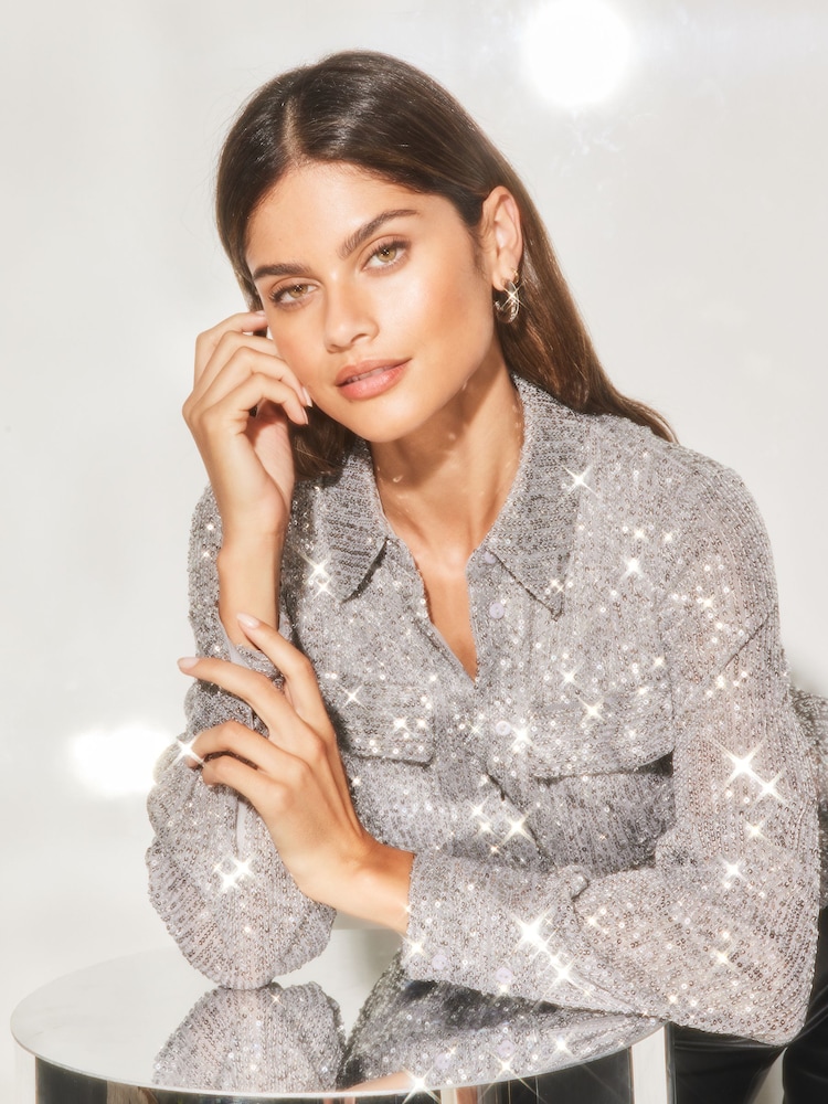 Lipsy Silver Sequin Front Pocket Button Through Shirt - Image 4 of 4 Lipsy Silver Sequin Front Pocket Button Through Shirt - Image 4 of 4
