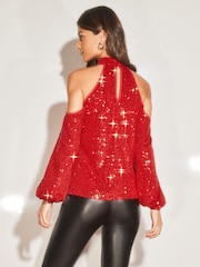 Lipsy Red Sequin Cold Shoulder Long Sleeve Top - Image 2 of 4