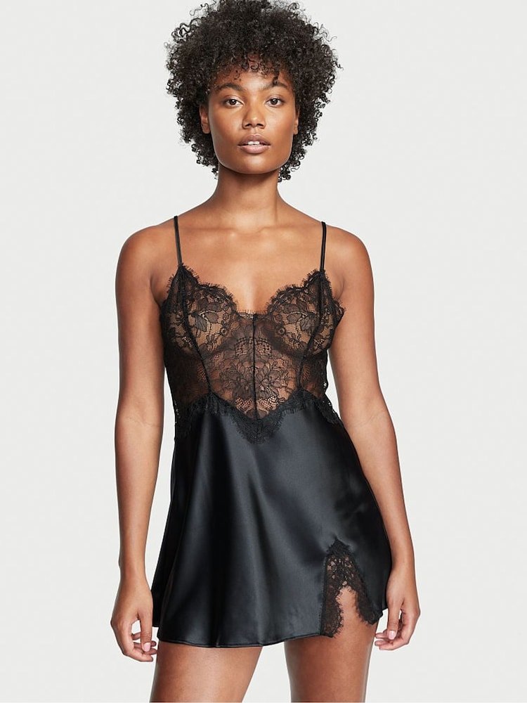 Victoria's Secret Black Satin Lace Slip Dress - Image 1 of 3