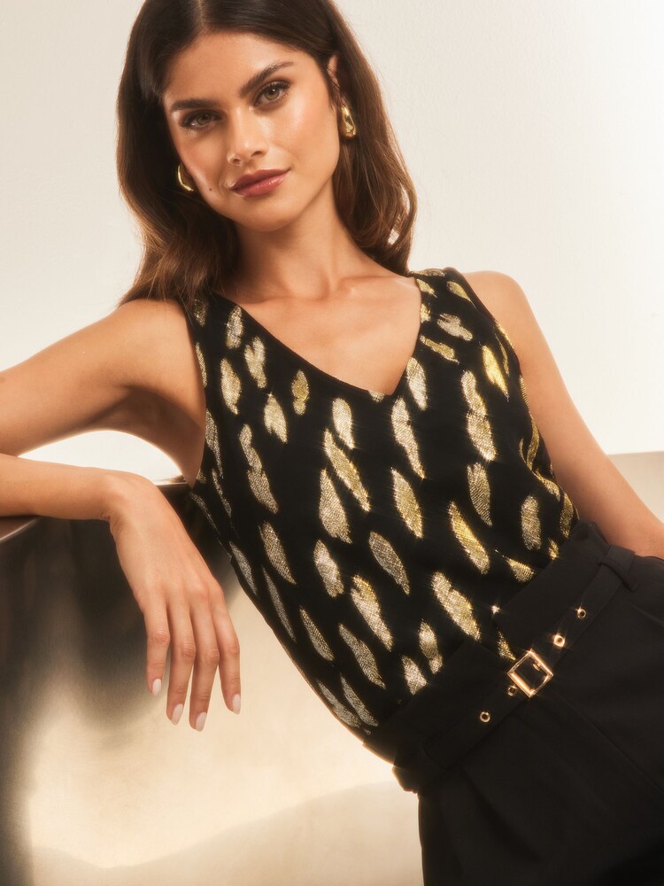 Lipsy Black Foil Sequin V Neck Vest - Image 1 of 4 Lipsy Black Foil Sequin V Neck Vest - Image 1 of 4