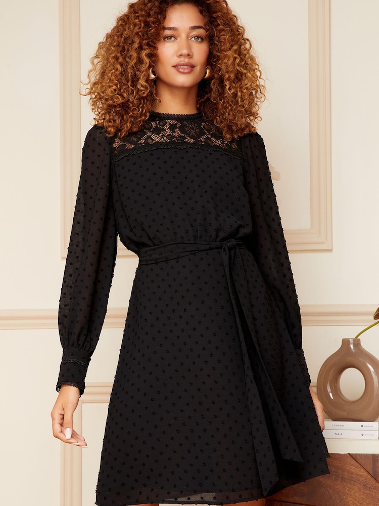 Love & Roses Black Lace Yoke Dobby Skater Dress - Image 1 of 4